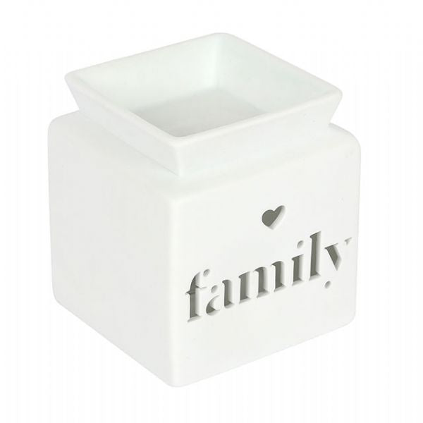 White ceramic oil burner with family cut-out design, ideal for aromatherapy and home decor, measures 12x10x10 cm.