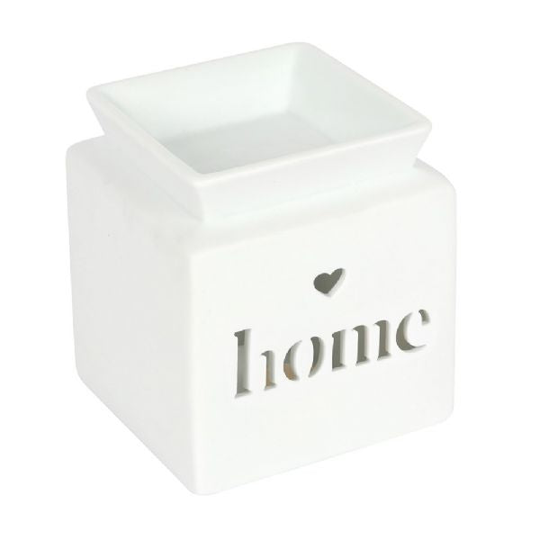 White ceramic oil burner with heart cut-out and 'home' text, perfect for fragrancing and home decor.