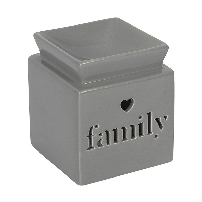 Grey ceramic oil burner with heart cut-out and 'family' design, perfect for creating a warm, fragrant atmosphere.