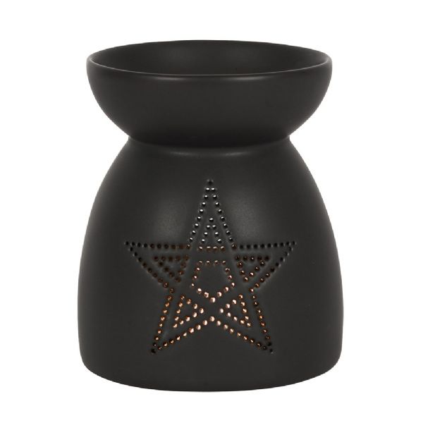 Black ceramic oil burner with pentagram cut-out design, perfect for fragrant oils and wax melts; ideal for witchy decor.