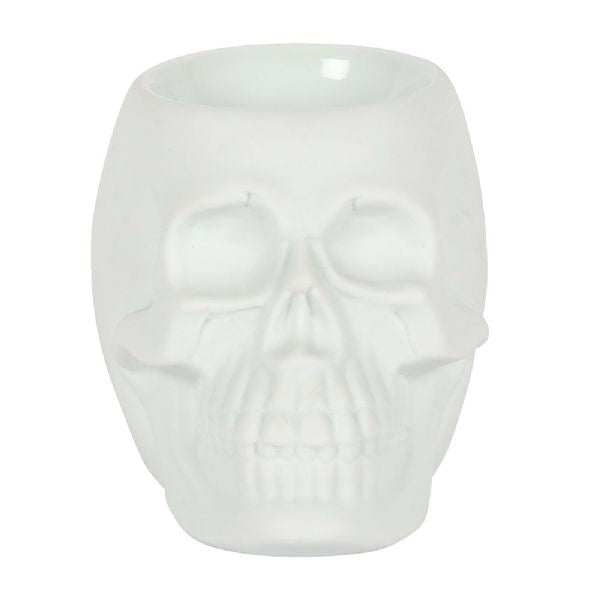 White skull oil burner in matte white ceramic, perfect for aromatherapy and gothic decor, measures H:11 x W:13 x D:12 cm.
