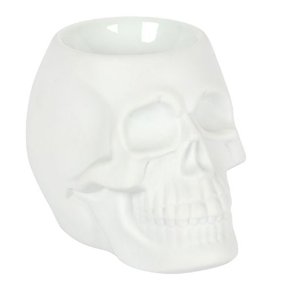 White ceramic skull oil burner, 11x13x12 cm, perfect for aromatherapy and gothic decor, enhances any space with spooky style.