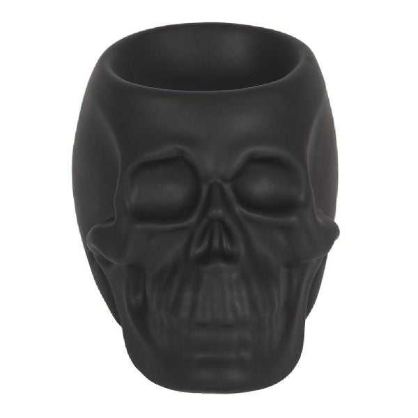 Black Skull Oil Burner with matte black finish, perfect for aromatherapy and spooky decor, H:11 x W:13 x D:12 cm.
