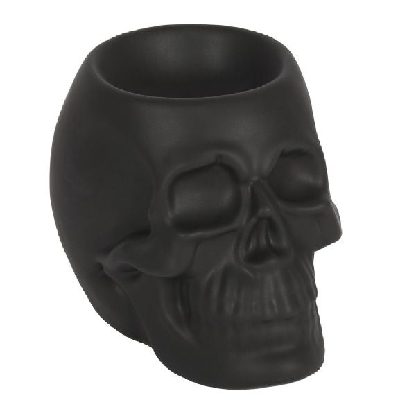 Black Skull Oil Burner with matte black finish, perfect for aromatherapy, Halloween decor, and unique home aesthetics.