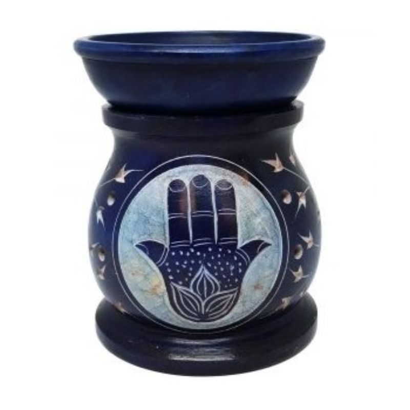 Handcrafted blue soapstone oil burner featuring an intricate Hamsa design, perfect for aromatherapy and home decor.