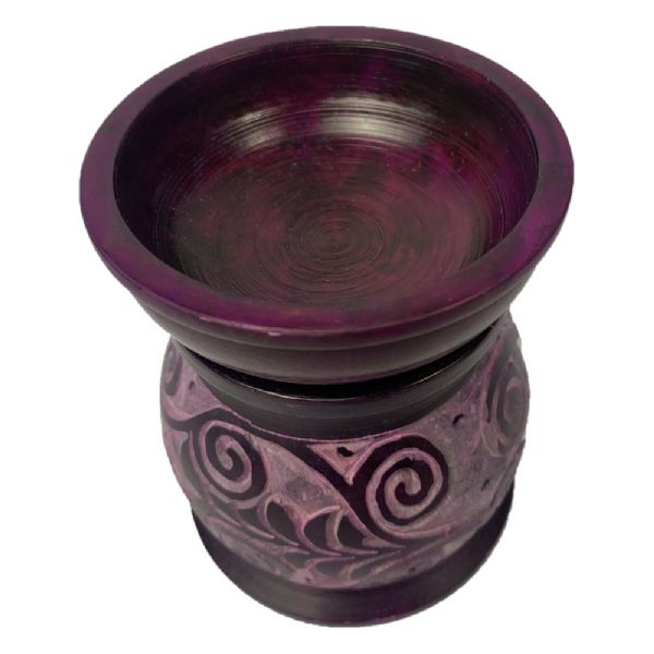 Handcrafted purple Koru soapstone oil burner, 4x3 inches, perfect for aromatherapy and enhancing home decor.