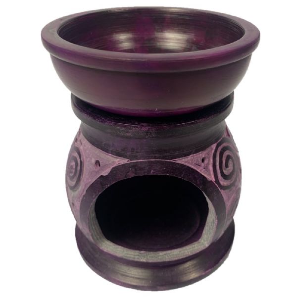 Hand-crafted purple Koru Soapstone Oil Burner, perfect for essential oils, measuring 4x3 inches, enhancing decor and tranquility.