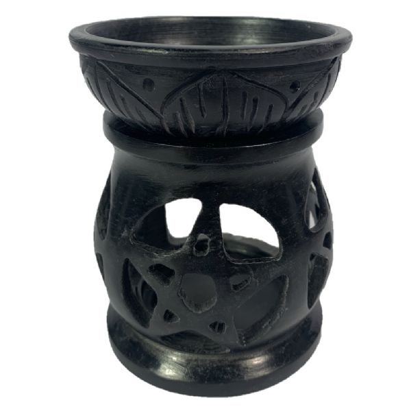 Handcrafted black soapstone oil burner featuring a pentacle design, perfect for aromatherapy and creating a tranquil ambiance.