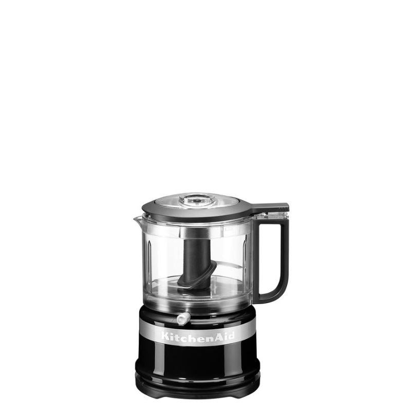 Compact KitchenAid 3.5 Cup Mini Food Processor in Onyx Black; features stainless steel blade, two speeds, pulse control, and drizzle basin.