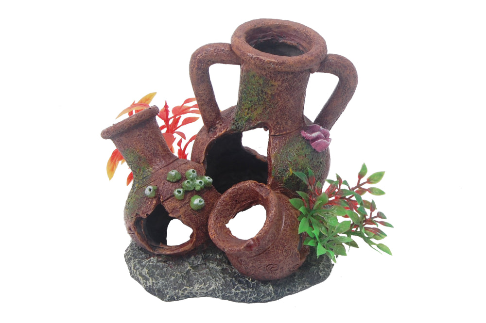 Broken Egyptian urn aquarium ornament, 9 x 12 x 11 cm, enhances aquatic landscapes with intricate design and natural hiding spots.