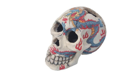 Skull-shaped aquarium ornament (15cm) adds unique style and hiding spots for fish, made from durable, non-toxic materials.