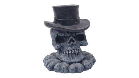 Skull ornament with tophat for aquariums, 15cm, adds whimsy and hiding spots, safe for fish and enhances tank decor.