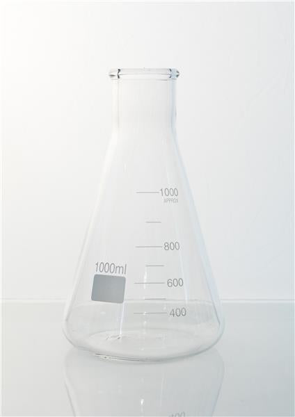Clear 1L science lab flask for precise measurements in cooking and experiments, measuring 21 x 13 cm.