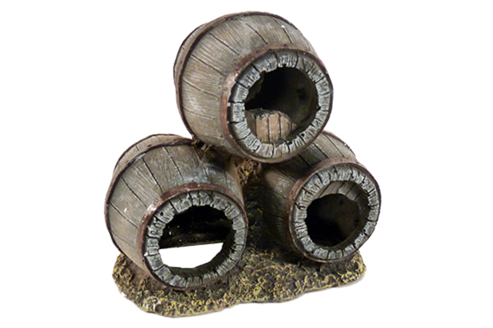 Barrels Stacked Triple aquarium ornament, 14x10x14cm, with rustic design, perfect for hiding spots and enhancing aquatic decor.