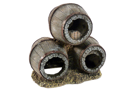 Barrels Stacked Triple aquarium ornament, 14x10x14cm, with rustic design, perfect for hiding spots and enhancing aquatic decor.