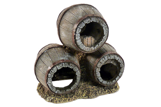 Barrels Stacked Triple aquarium ornament, 14x10x14cm, with rustic design, perfect for hiding spots and enhancing aquatic decor.
