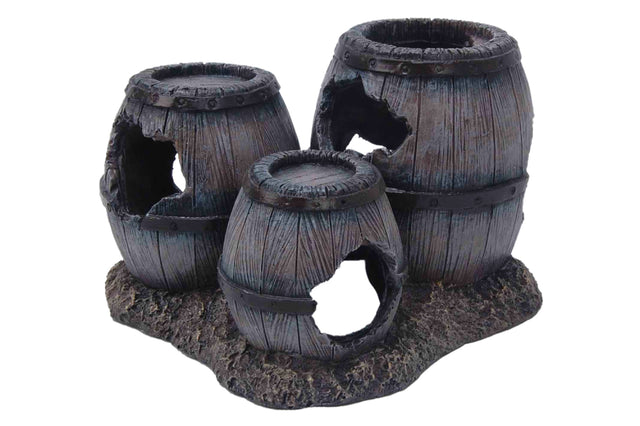 Rustic triple barrel aquarium ornament, 16cm tall, providing aesthetic appeal and hiding spots for fish. Safe for all tanks.
