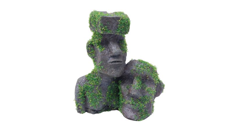 Twin Easter Island statues with moss, 21cm, enhancing aquariums with charm and providing hiding spots for fish.