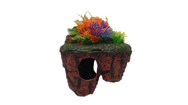 Vibrant 15cm red floating island with plant, enhancing aquarium aesthetics and providing hiding spots for fish.
