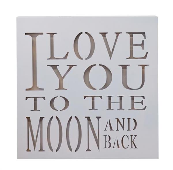 Light Box Sign in white displaying "Love you... Moon & Back," perfect for creating a cozy atmosphere and heartfelt decor.