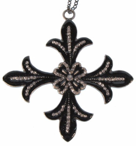 Elegant black enamel Fleur De Lys Cross, measuring 11x1x12.2cm, perfect for decor and spiritual significance.