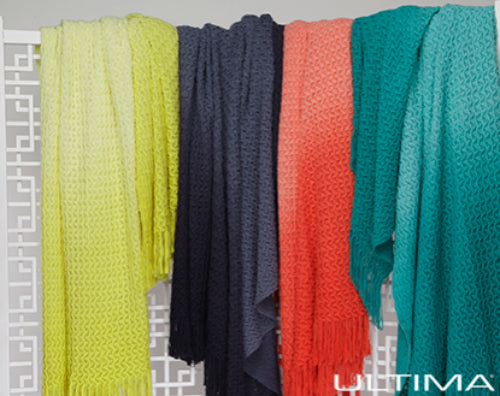 Vibrant Citrus throw rug with dip-dyed gradient, 100% acrylic, featuring self-knotted fringe, perfect for modern decor.