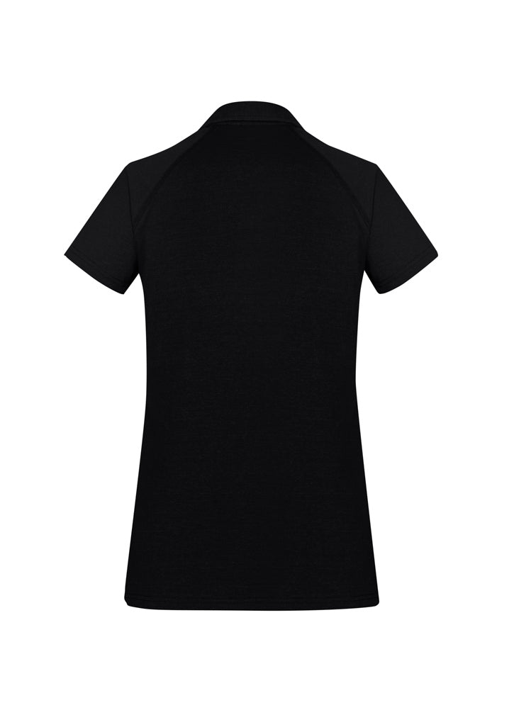 Byron Ladies Polo in black, size 16, featuring a neat collar and open neckline for stylish comfort and versatility.