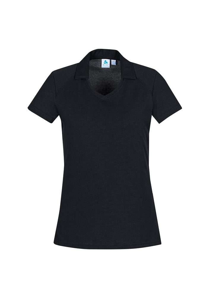 Elegant black Byron Ladies Polo in size 14, featuring a neat collar and breathable cotton-rich fabric for comfort and style.