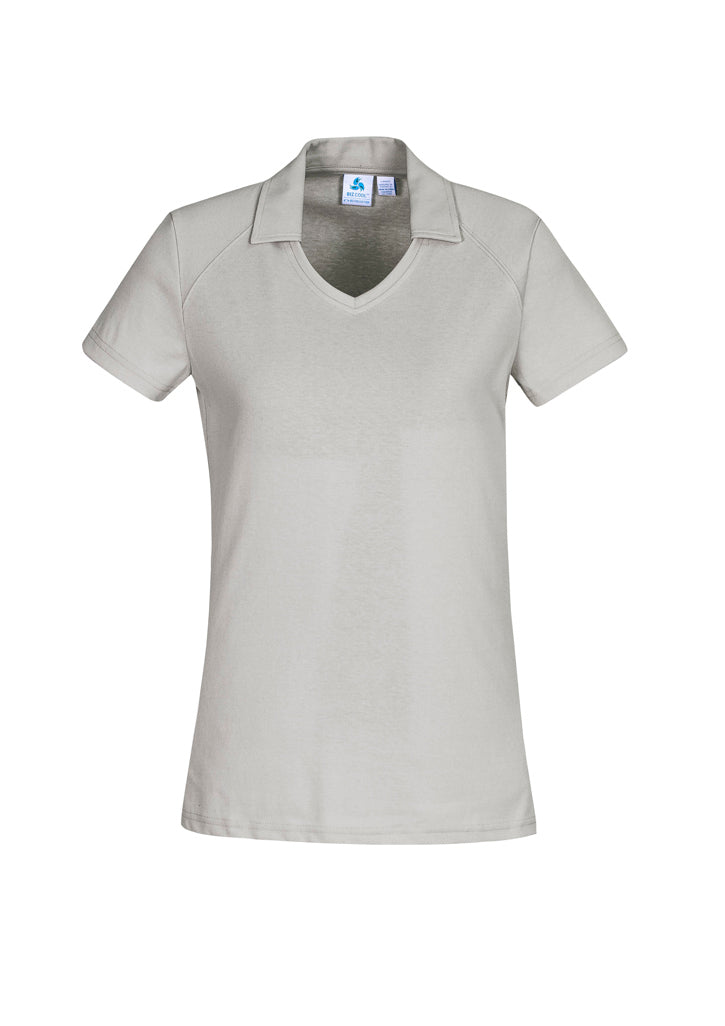Byron Ladies Polo in Sand, size 12, featuring a neat collar, open neckline, and soft cotton-rich fabric.