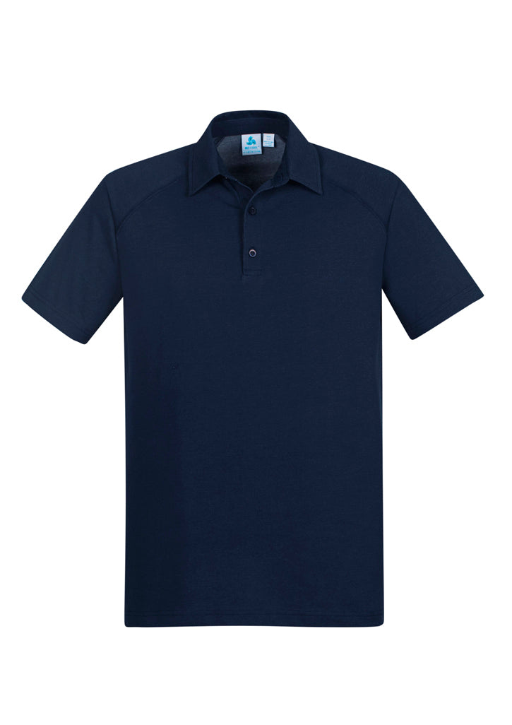 Navy Byron Mens Polo in size L, made from soft cotton-blend fabric with a modern collar and practical pocket.