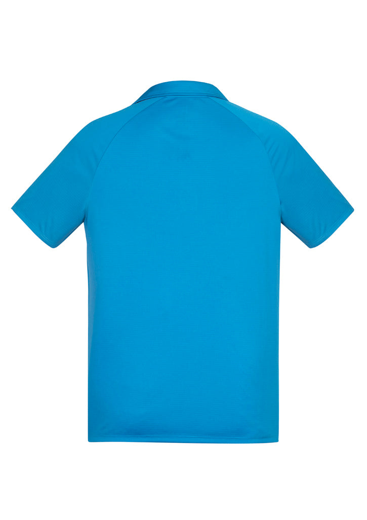Cyan and navy men's polo in 2XL, made of breathable polyester with UPF protection, stylish design, and a loose pocket.