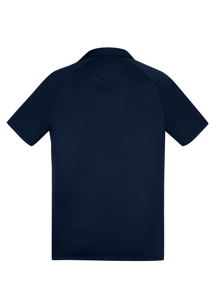 Navy and teal Academy mens polo featuring breathable polyester, UPF sun protection, and a modern design with a pocket.