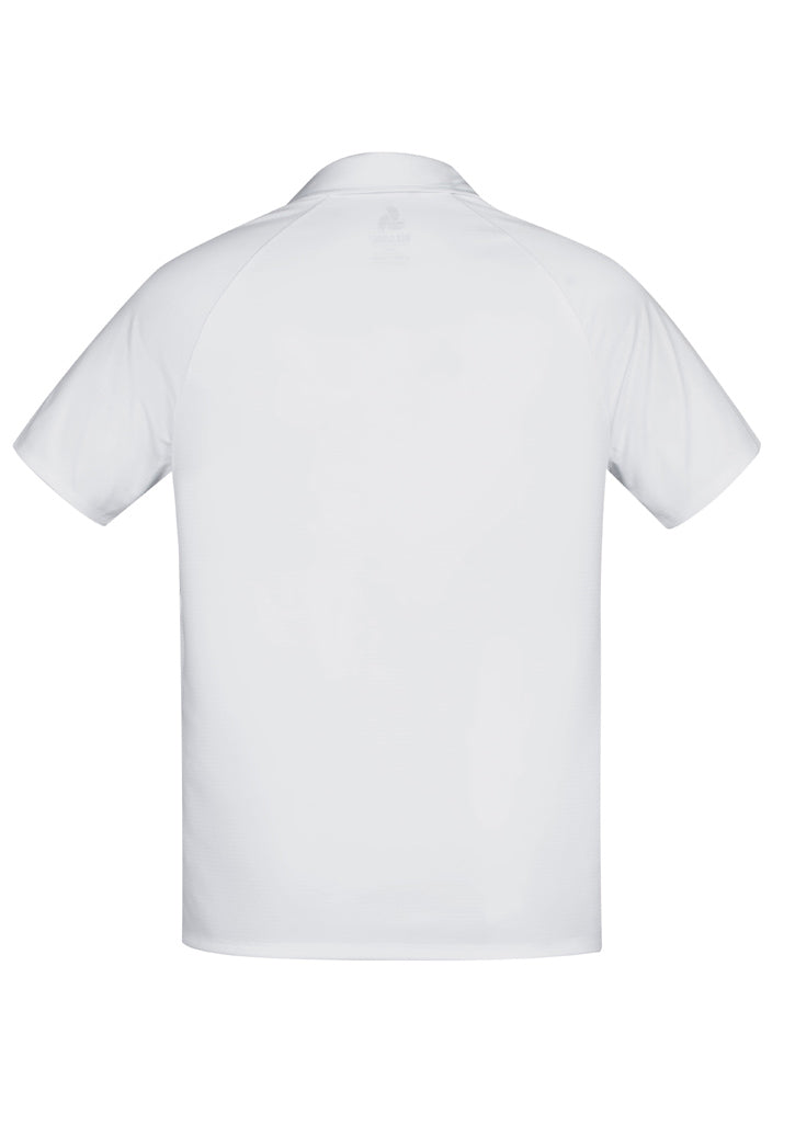 Men's white and silver Academy Polo shirt, featuring breathable fabric, UPF protection, and modern design with a pocket.