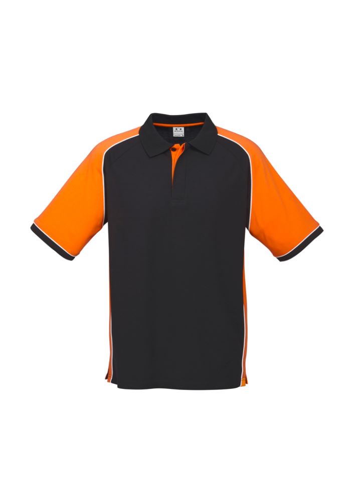 Men's Nitro Polo in Black, Orange, and White, size S, featuring breathable fabric, stylish design, and UPF sun protection.