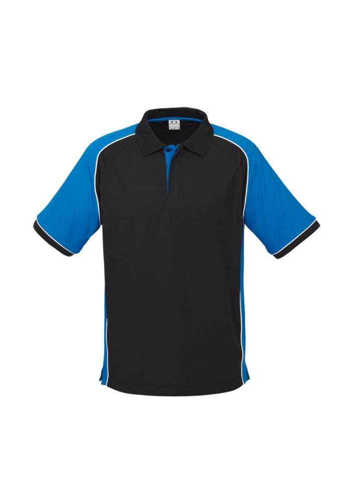 Men's Nitro Polo in Black/Royal/White, Size L, featuring knitted collar, side splits, and a loose pocket for style and comfort.