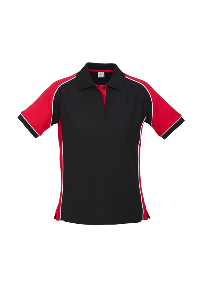 Stylish Ladies Nitro Polo in Black/Red/White, Size 18, featuring contrast panels and excellent UPF sun protection.