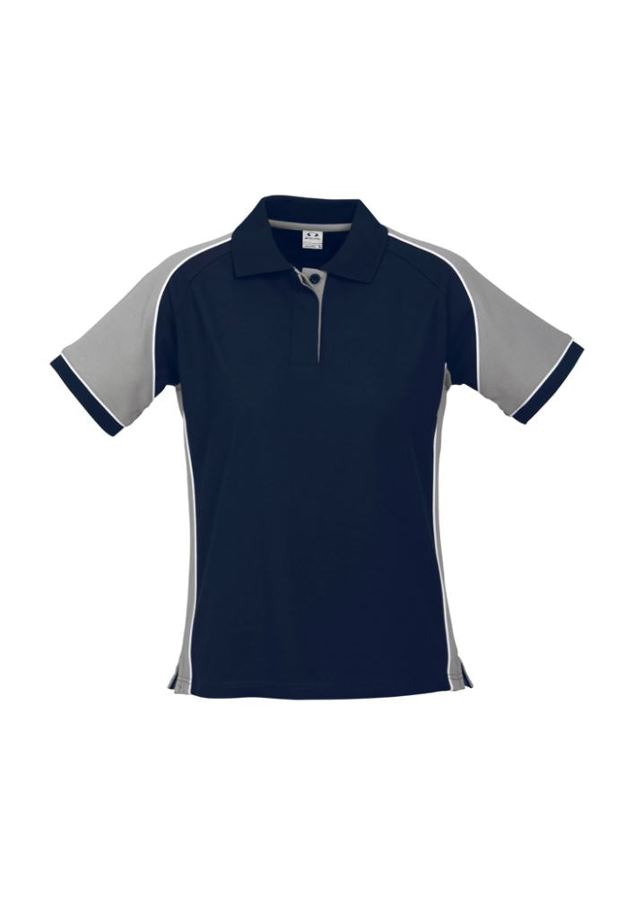 Ladies Nitro Polo in Navy, Grey, and White, Size 8, featuring soft pique knit, stylish contrast panel, and UPF sun protection.