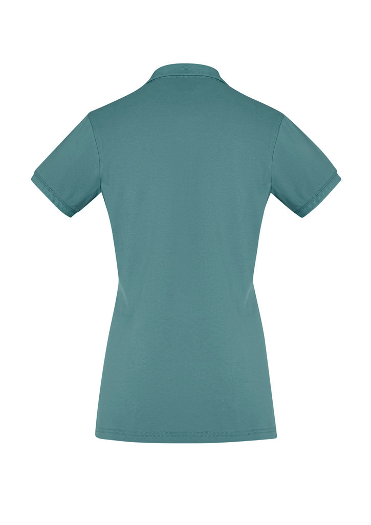 Ladies City Polo in Jasper Green, Size 14, features a waffle knit collar, breathable fabric, and UPF 50+ protection for stylish comfort.