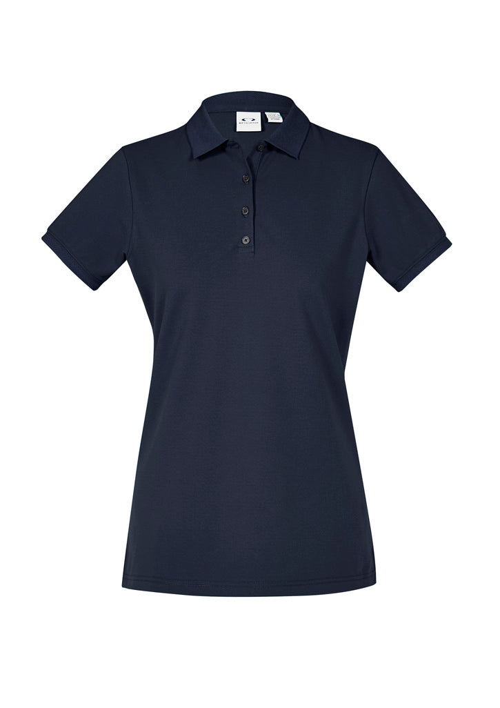 Navy Ladies City Polo, size 12, with UPF 50+ protection, waffle knit collar, and stylish side splits for comfort and elegance.