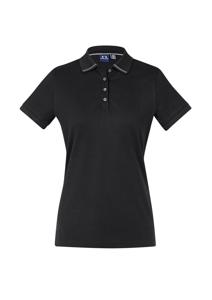 Ladies Aston Polo in Black/Silver Grey, size 14, featuring elegant collar, breathable cotton, and UPF 50+ protection.