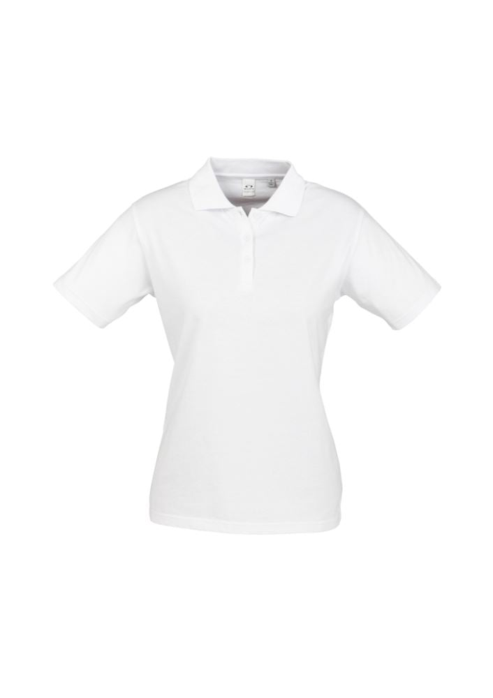 Ladies Ice Polo in white, size 18 with matching collar, crafted from 100% cotton, ideal for casual and professional wear.