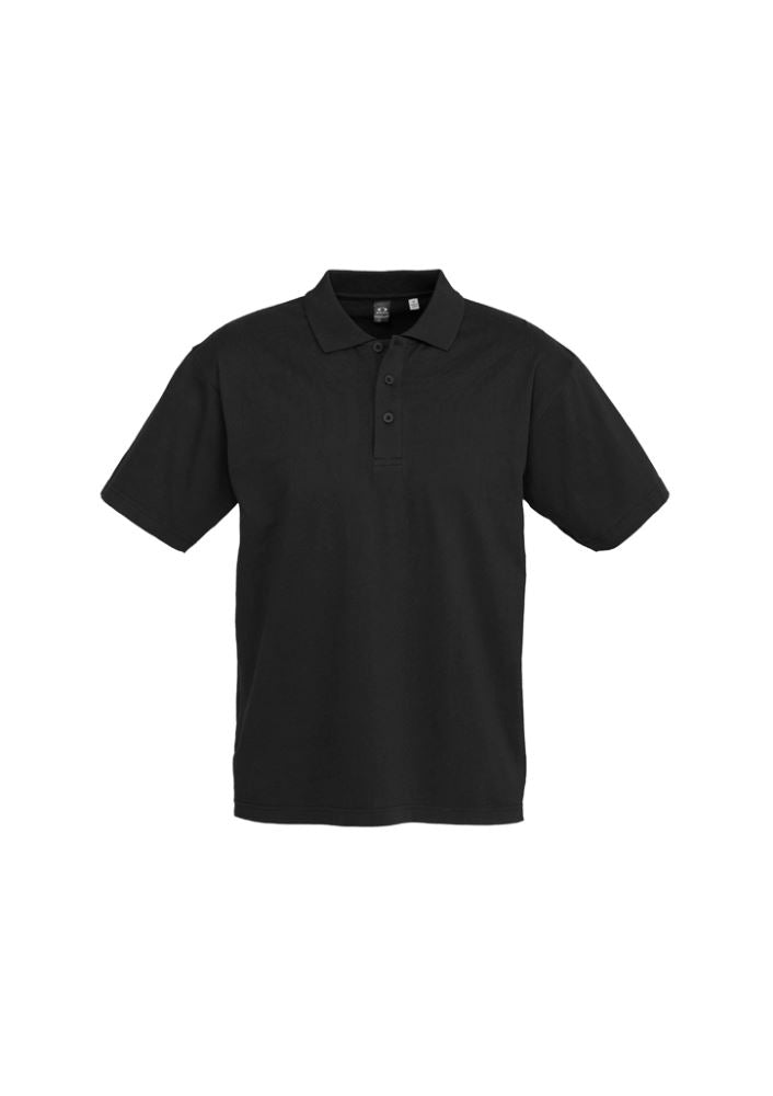 Black Men's Ice Polo by Biz Collection, Size L, featuring 100% cotton, stitched sleeves, and 3-button collar for versatile style.