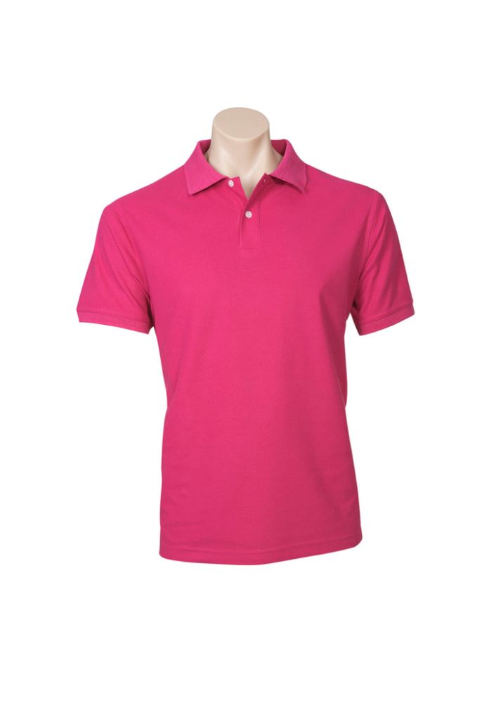Men's vibrant magenta neon polo, size S, featuring pique knit, UPF protection, and stylish details from Biz Collection.