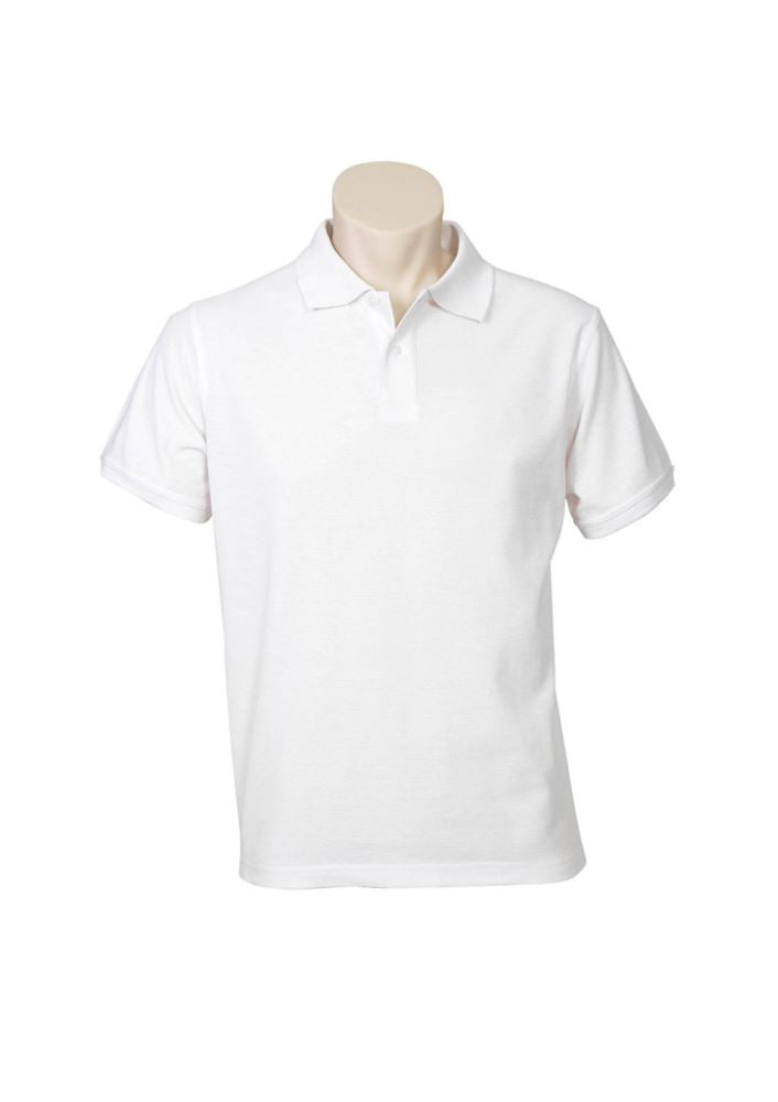 Mens Neon Polo in white, size L, features a knitted collar, button placket, UPF protection, and side split for comfort.