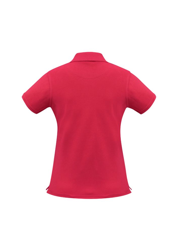 Vibrant red ladies neon polo shirt size 10, featuring a modern collar, UPF protection, and stylish details for active wear.