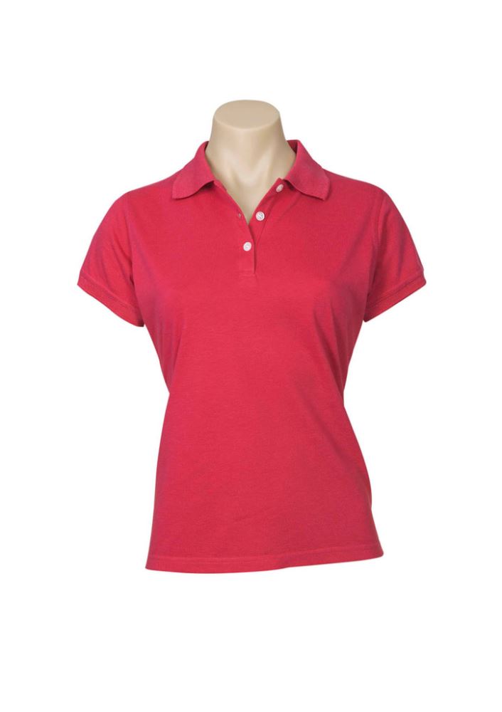 Ladies Neon Polo in vibrant red, size 18, featuring a knitted collar, button placket, and breathable pique knit fabric.