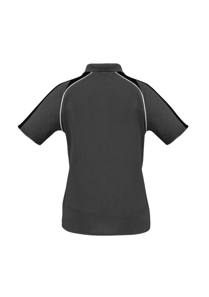 Ladies Triton Polo in Ash/Black/White, Size 24, featuring raglan sleeves, contrast panels, and UPF sun protection.