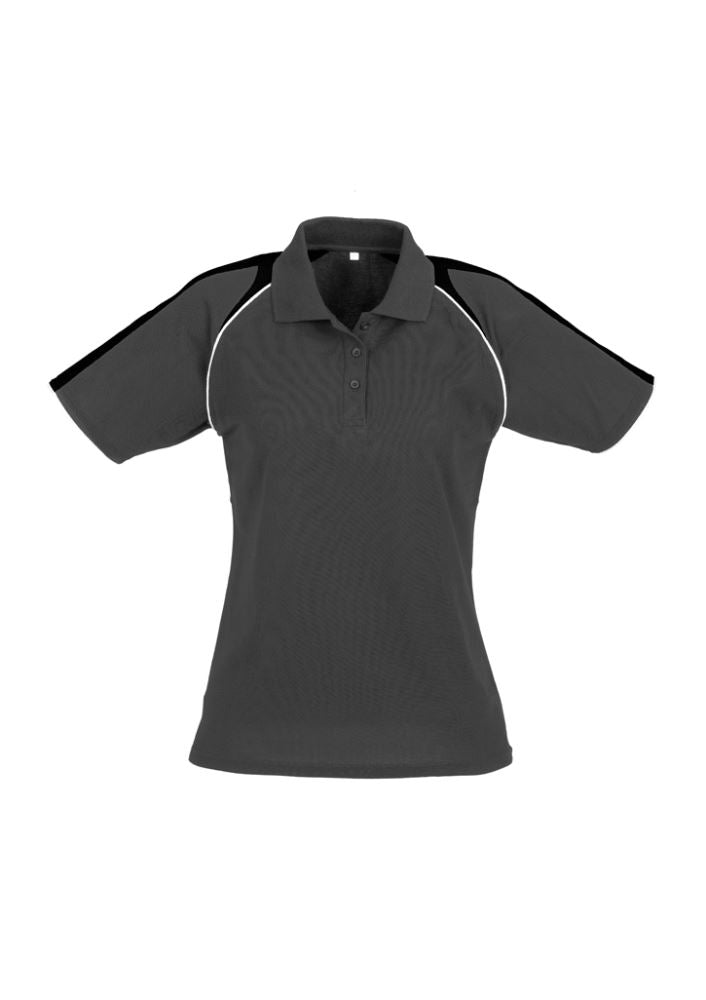Ladies Triton Polo in Ash/Black/White, Size 18, featuring a modern design, comfortable fit, and UPF sun protection.