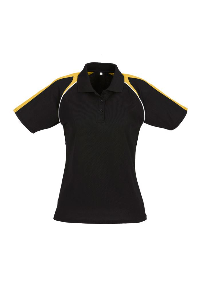 Ladies Triton Polo in Black, Gold, and White, Size 14; features breathable fabric, chic raglan sleeves, and sun protection.
