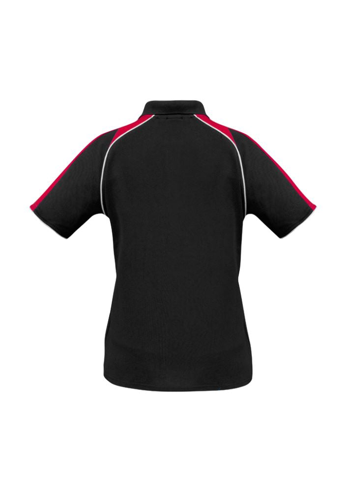 Ladies Triton Polo in Black/Red/White, size 18, featuring raglan sleeves, UPF protection, perfect for casual or work settings.